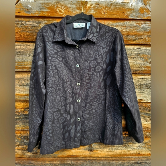 Erin London Black Suede Leopard/Animal Print Collared Button up Blouse Top - Picture 1 of 14